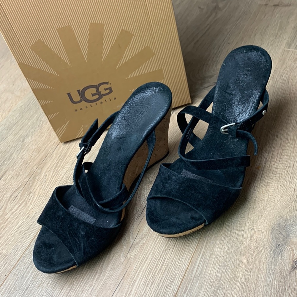 UGG Jullita Black Suede Cork Wedge Sandals
